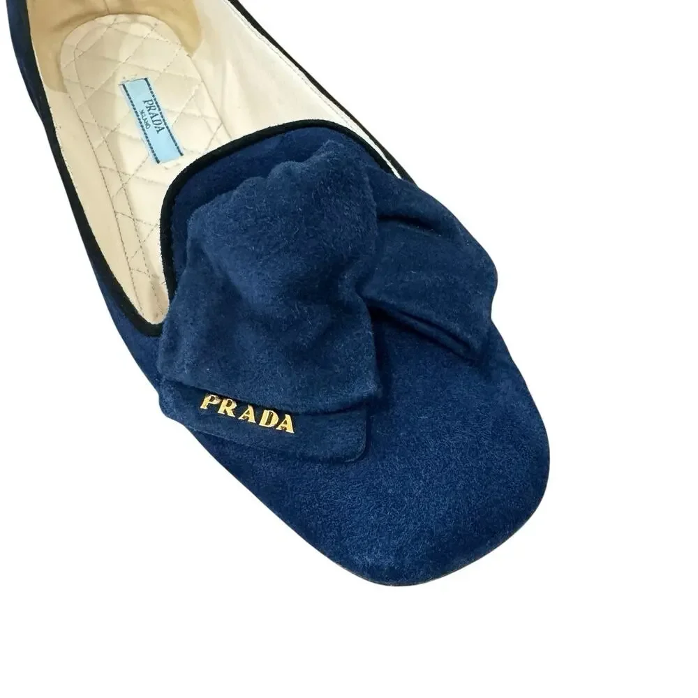 Prada Navy Suede Bow Flats Size 38 EU 8 US Quilted Leather Interior Box Dust Bag